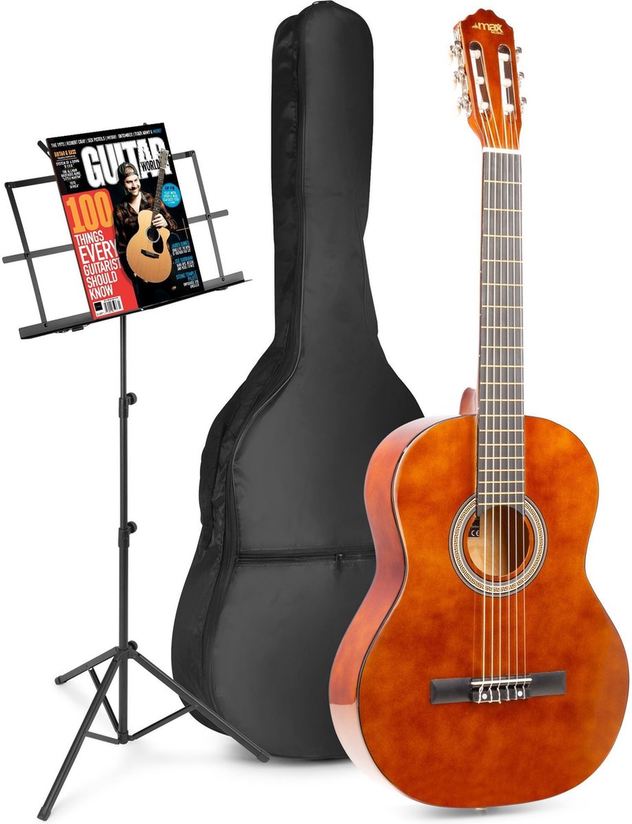 Akoestische gitaar voor beginners - MAX SoloArt klassieke gitaar / Spaanse gitaar met o.a. 39'' gitaar, muziekstandaard, gitaartas, gitaar stemapparaat en extra accessoires - Bruin (hout)