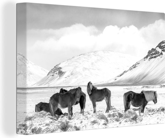 Canvas Schilderij IJslander paarden aan de voet van een besneeuwde berg - zwart wit - Wanddecoratie