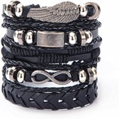 Vardaan Lederen Armbanden - Zwart & Zilver - Gevlochten Polsbandjes - Verstelbaar - Armbanden Set - 5 Delige Set - Geschenkidee
