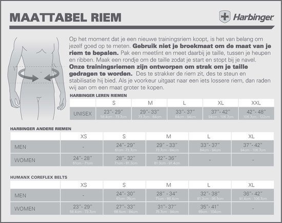 Maattabel voor Harbinger trainingsriemen, met maten en omtrekmaten voor heren, dames en unisex.