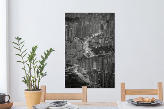 Peinture sur toile Hong Kong le soir - noir et blanc - 60x90 cm - Décoration murale