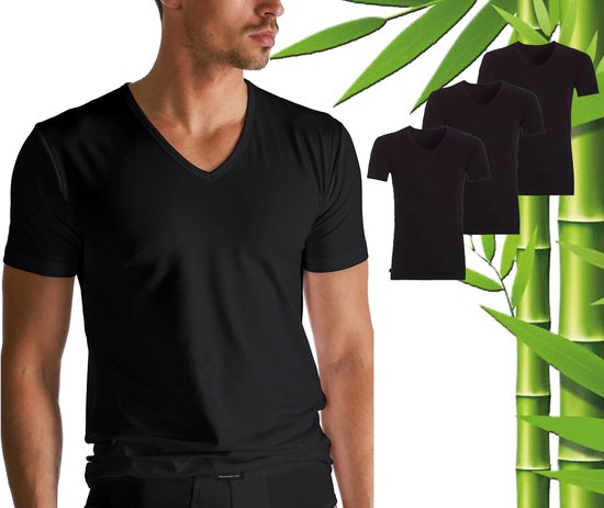 3 Stuks Boru Bamboo T-Shirt Heren - Bamboe - V Hals - Zwart - Maat M