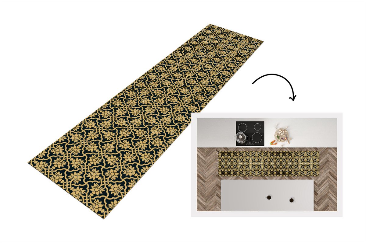 KitchenYeah Keukenloper - Loper keuken - Bloemen - Zwart - Goud - Patronen - Keukenloper vinyl, foto 4