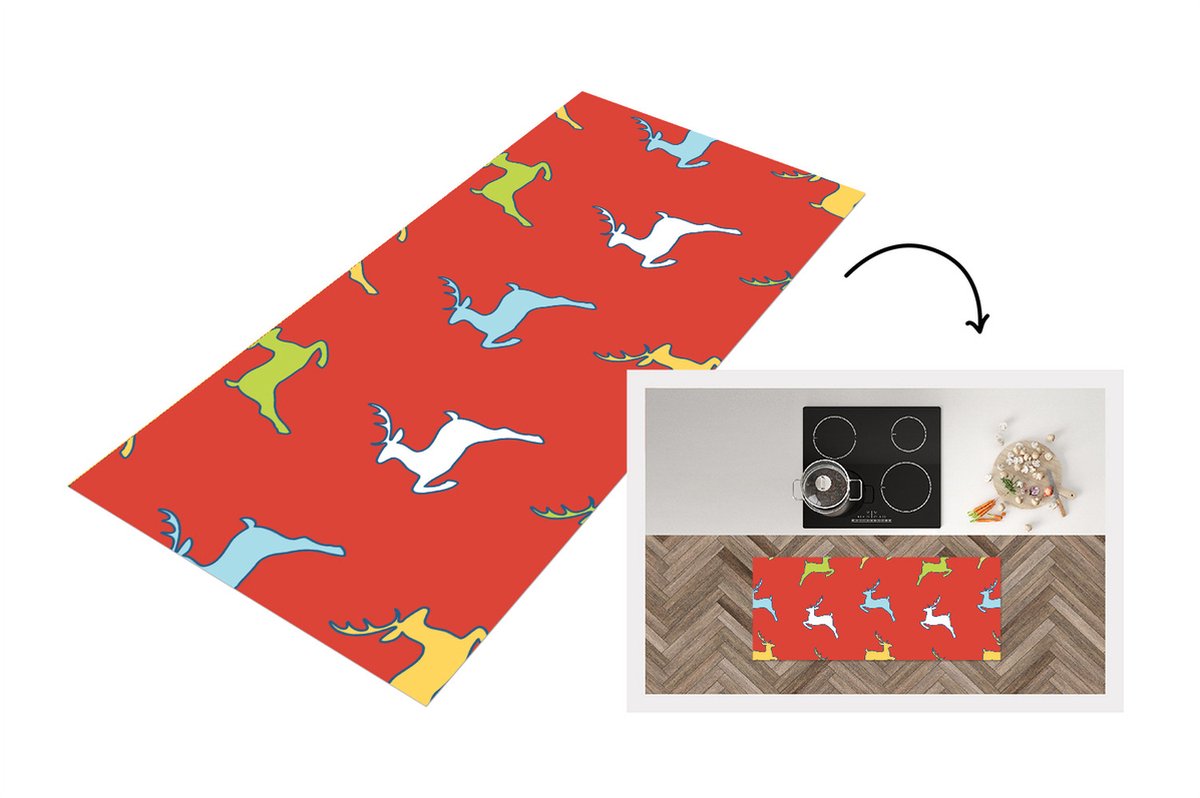 KitchenYeah Keukenloper - Loper keuken - Patroon - Hert - Rood - 120x50 cm - Keukenloper vinyl Multicolor