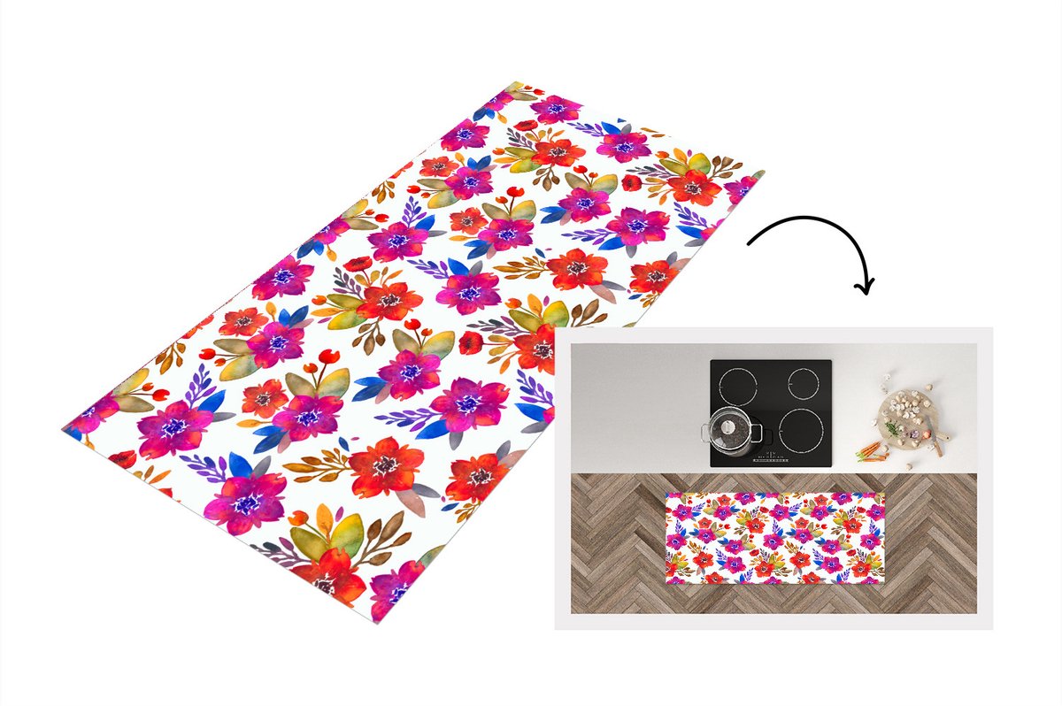 KitchenYeah Keukenloper - Loper keuken - Waterverf - Bloemen - Paars - 120x50 cm - Keukenloper vinyl Multicolor