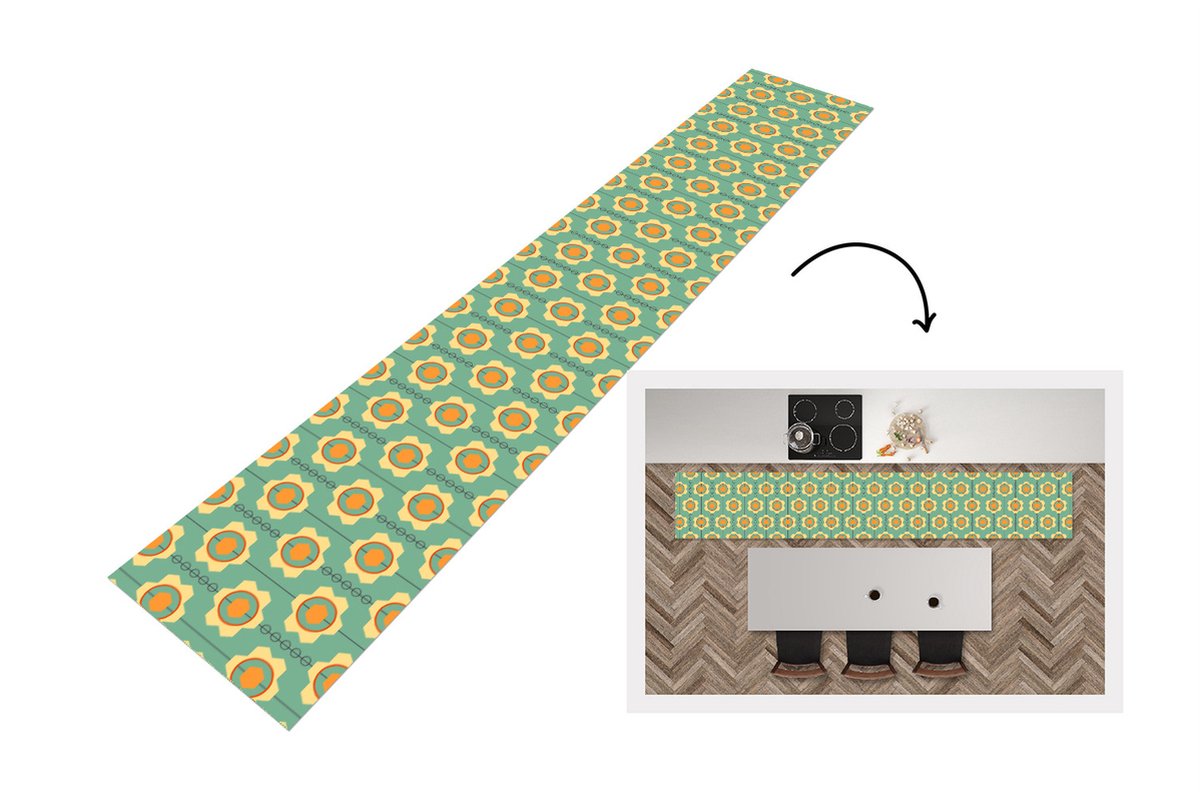 KitchenYeah Keukenloper - Loper keuken - Zonnebloem - Patronen - Tandwielen - Retro - 300x50 cm - Keukenloper vinyl Multicolor
