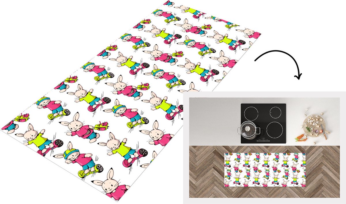 KitchenYeah Keukenloper - Loper keuken - School - Konijnen - Dieren - Kinderen - Patronen - 120x50 cm - Keukenloper vinyl Multicolor