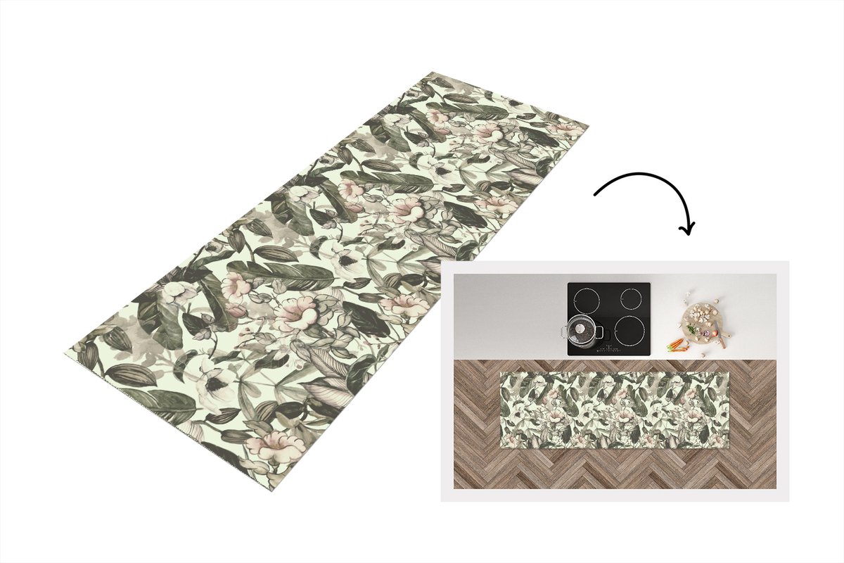KitchenYeah Keukenloper - Loper keuken - Bloemen - Bladeren - Vintage - Patronen - 180x60 cm - Keukenloper vinyl Multicolor