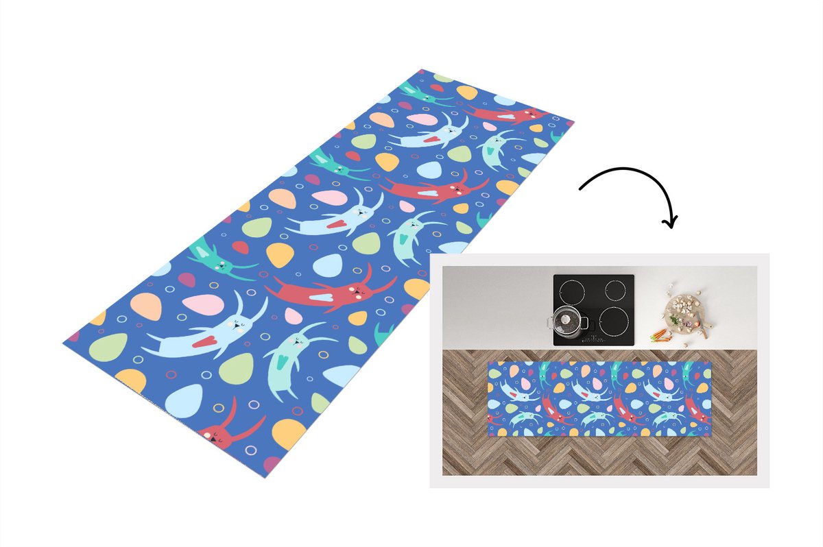 KitchenYeah Keukenloper - Loper keuken - Konijnen - Pastel - Regenboog - Patronen - 150x50 cm - Keukenloper vinyl Multicolor