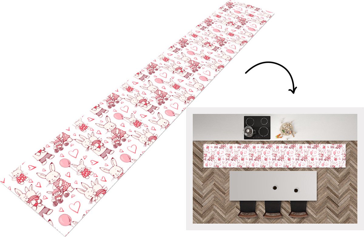 KitchenYeah Keukenloper - Loper keuken - Konijnen - Liefde - Patronen - 300x50 cm - Keukenloper vinyl Multicolor