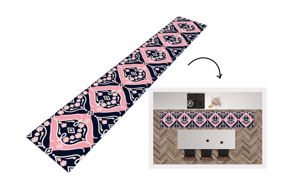 KitchenYeah Keukenloper - Loper keuken - Bloemen - Roze - Ornament - Design - 300x50 cm - Keukenloper vinyl Multicolor