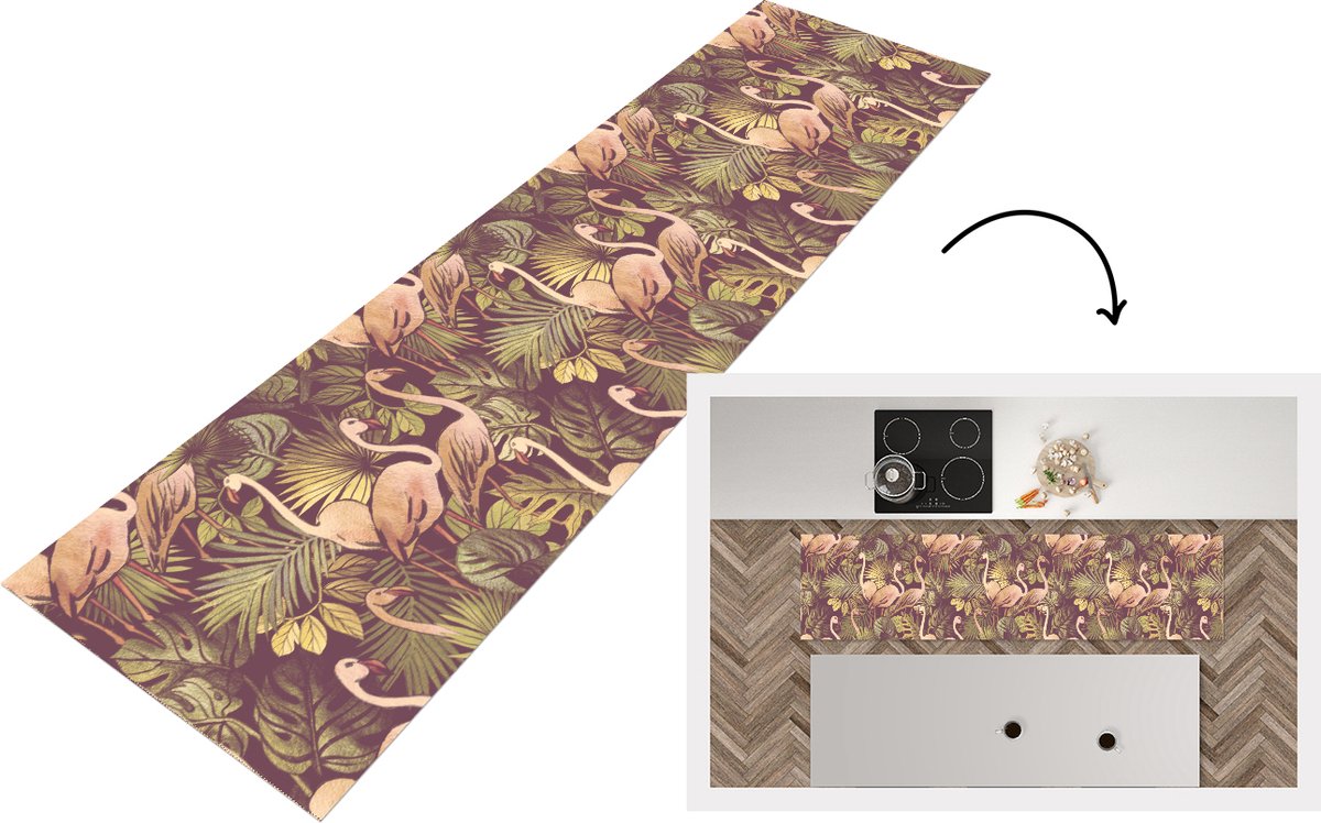 KitchenYeah Keukenloper - Loper keuken - Vintage - Flamingo - Bladeren - Jungle - Patroon - 200x50 cm - Keukenloper vinyl Multicolor