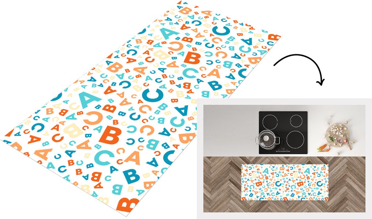 KitchenYeah Keukenloper - Loper keuken - Letters - Abc - Oranje - Blauw - Patronen - 120x50 cm - Keukenloper vinyl Multicolor