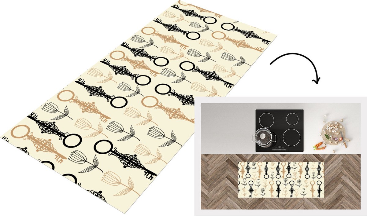 KitchenYeah Keukenloper - Loper keuken - Sleutel - Goud - Bloemen - Patronen - Keukenloper vinyl Multicolor