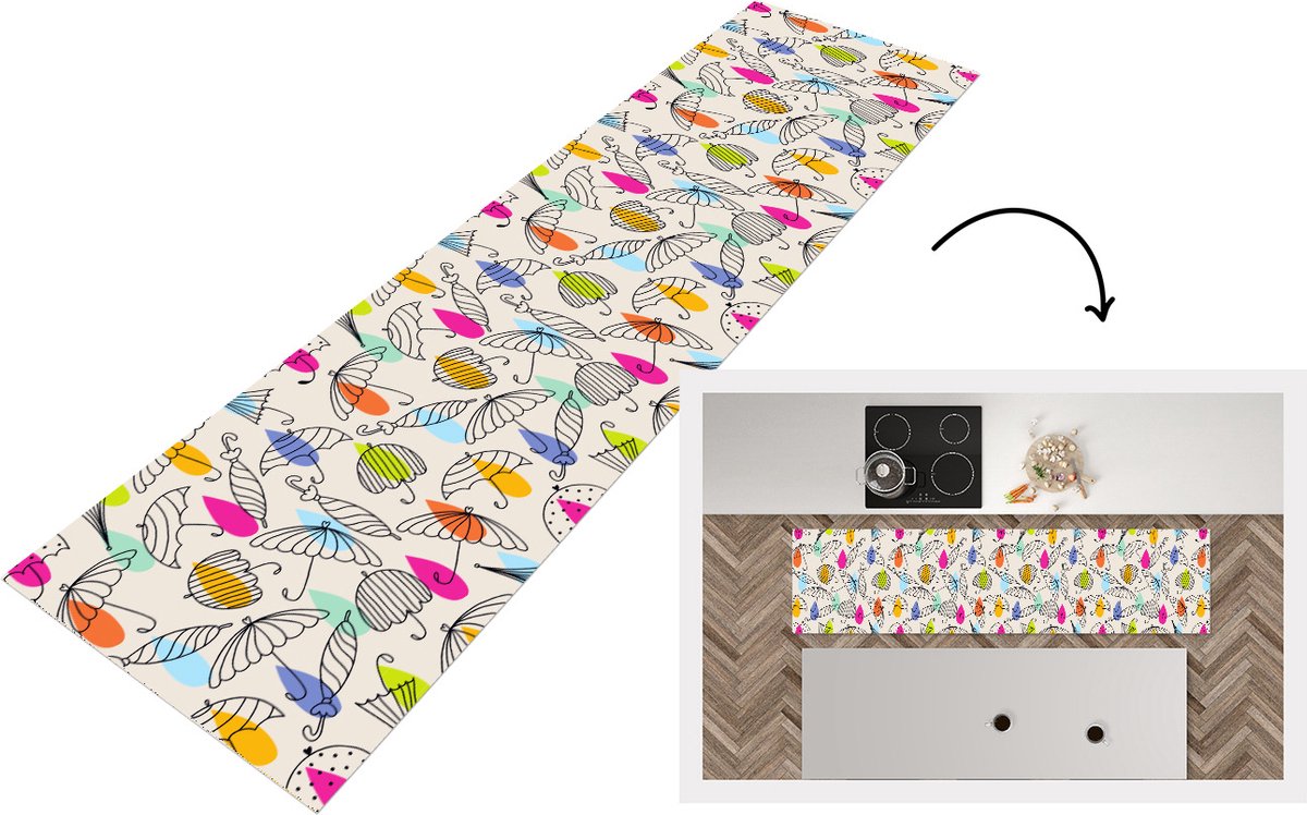 KitchenYeah Keukenloper - Loper keuken - Pastel - Paraplu - Patronen - 240x60 cm - Keukenloper vinyl Multicolor