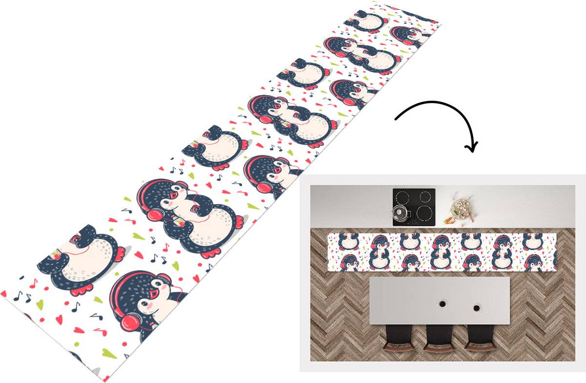 KitchenYeah Keukenloper - Loper keuken - Pinguïn - Muziek - Koptelefoon - Kinderen - Patroon - 300x50 cm - Keukenloper vinyl Multicolor