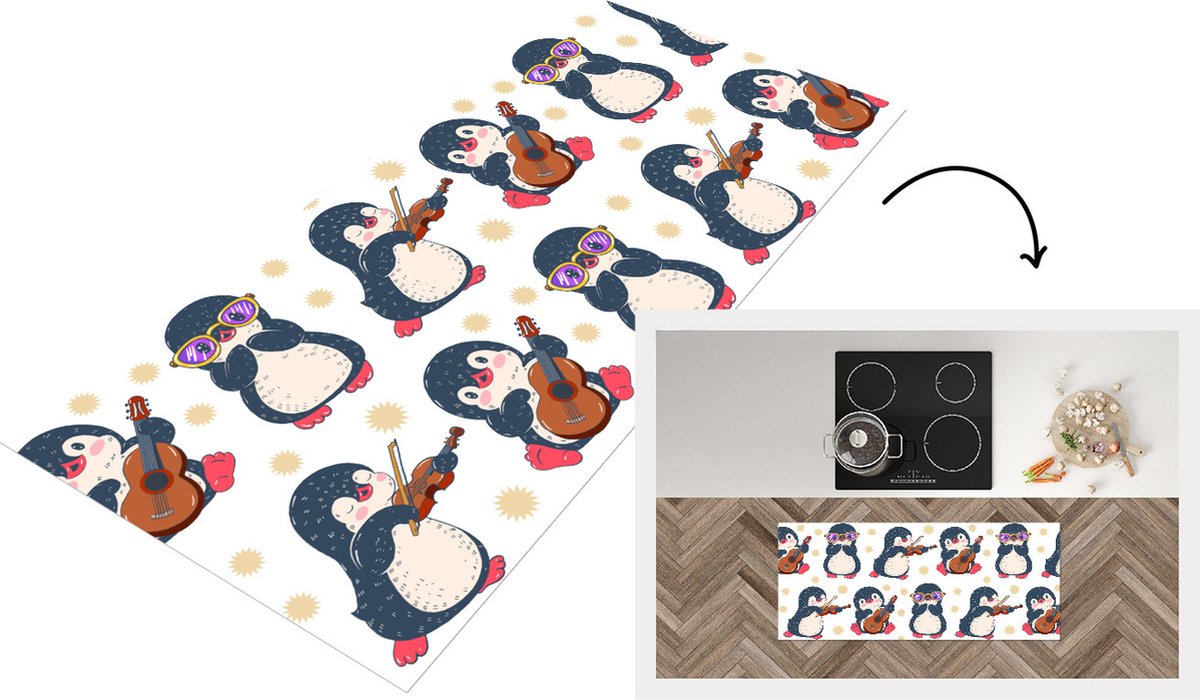 KitchenYeah Keukenloper - Loper keuken - Pinguïn - Muziek - Gitaar - Kinderen - Patroon - 120x50 cm - Keukenloper vinyl Multicolor