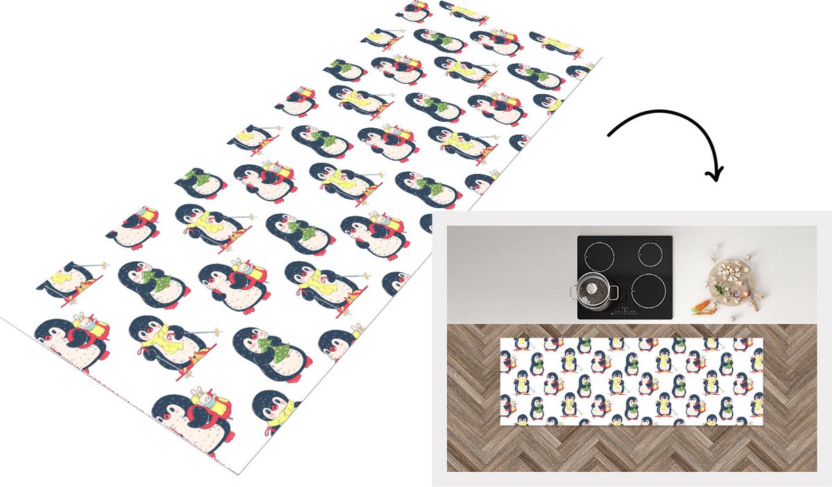 KitchenYeah Keukenloper - Loper keuken - Pinguïn - Ski - Winter - Kind - Patronen - 150x50 cm - Keukenloper vinyl Multicolor