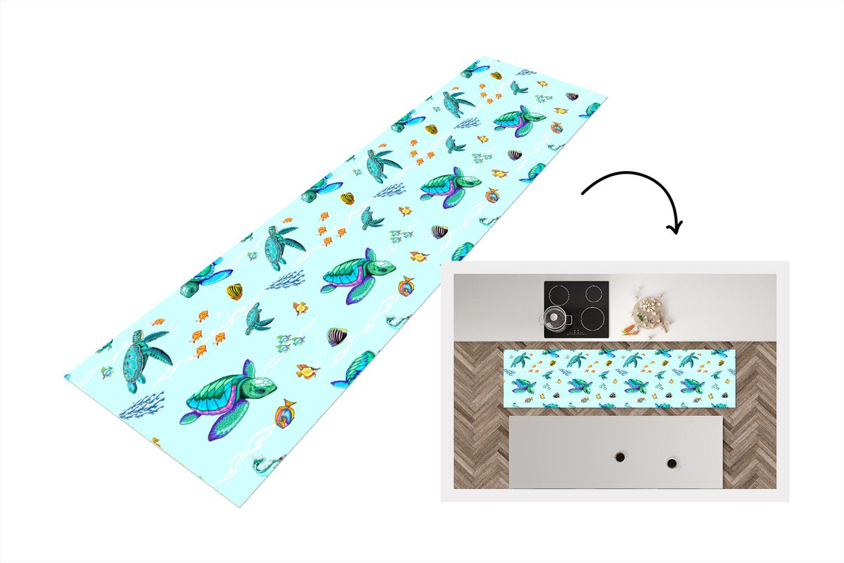 KitchenYeah Keukenloper - Loper keuken - Regenboog - Schildpad - Vis - Water - Patronen - 200x50 cm - Keukenloper vinyl Multicolor