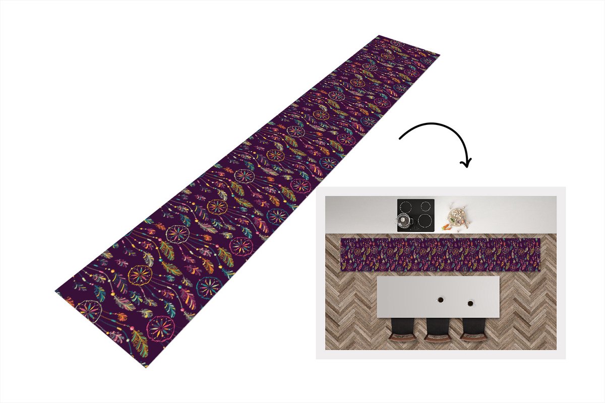 KitchenYeah Keukenloper - Loper keuken - Dromenvanger - Veren - Patronen - Regenboog - Boho - 300x50 cm - Keukenloper vinyl Multicolor