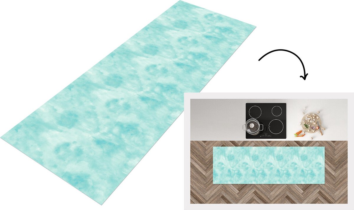 Keukenloper - Loper keuken - Patroon - Waterverf - Turquoise - 180x60 cm - Keukenloper vinyl