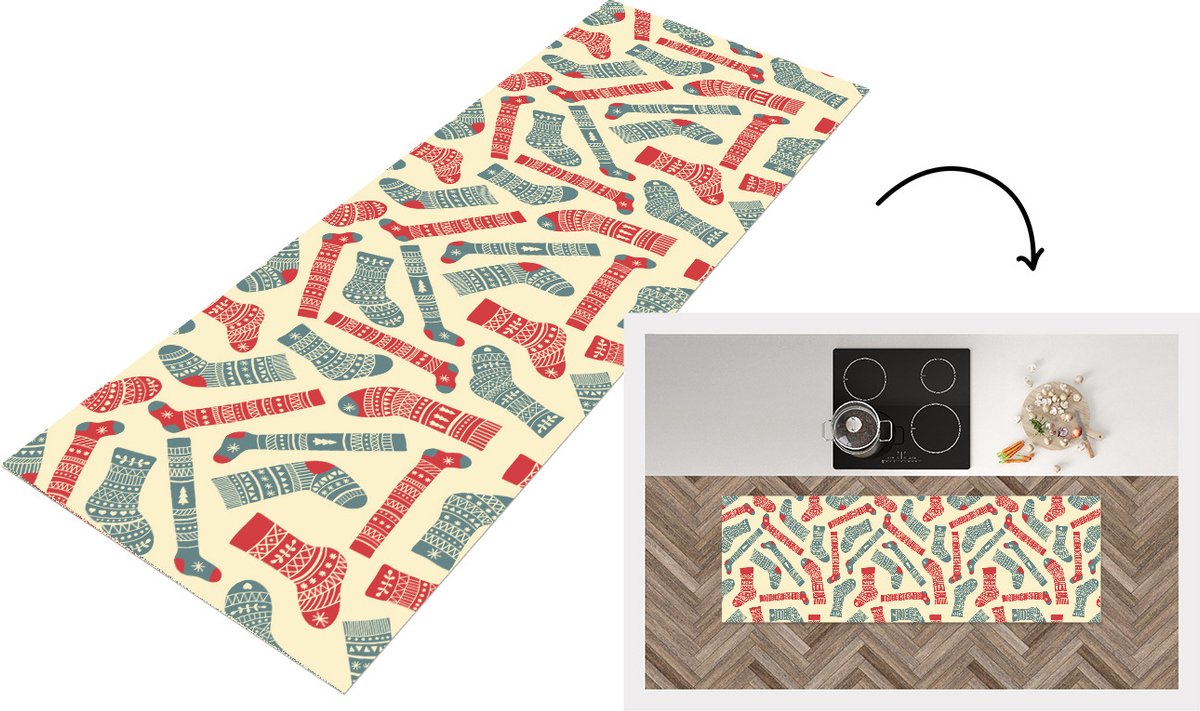 KitchenYeah Keukenloper - Loper keuken - Kerst - Sokken - Patronen - 180x60 cm - Keukenloper vinyl Multicolor