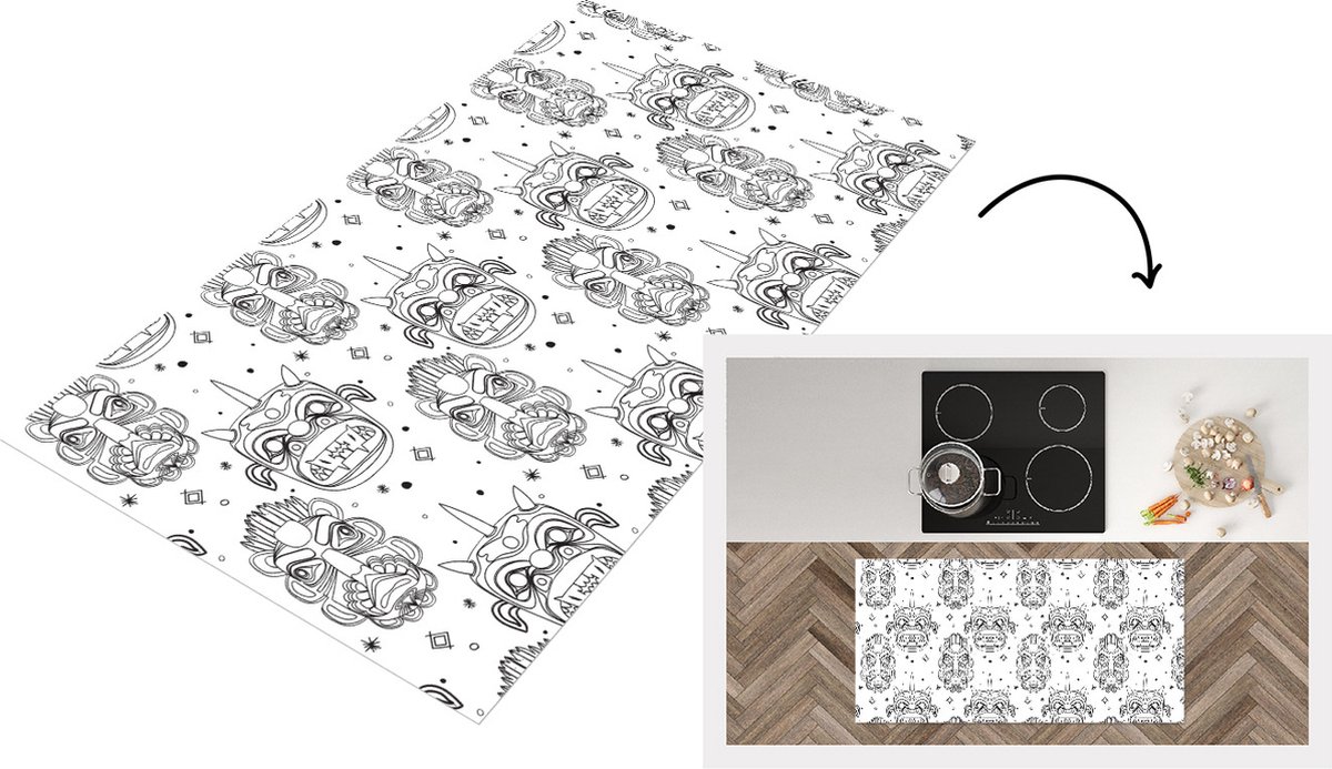 KitchenYeah Keukenloper - Loper keuken - Maskers - Inca - Patroon - Zwart-Wit - 120x60 cm - Keukenloper vinyl Zwart; Wit