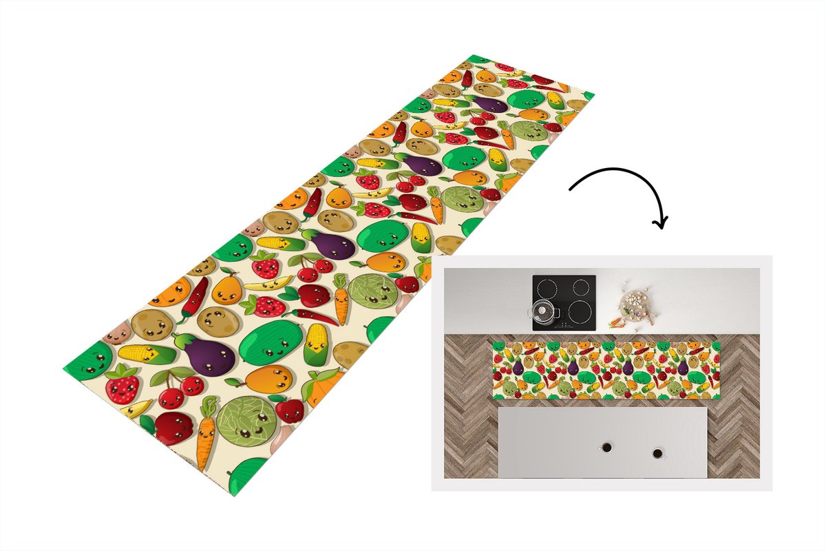 KitchenYeah Keukenloper - Loper keuken - Kawaii - Patronen - Groente - Fruit - 200x50 cm - Keukenloper vinyl Multicolor