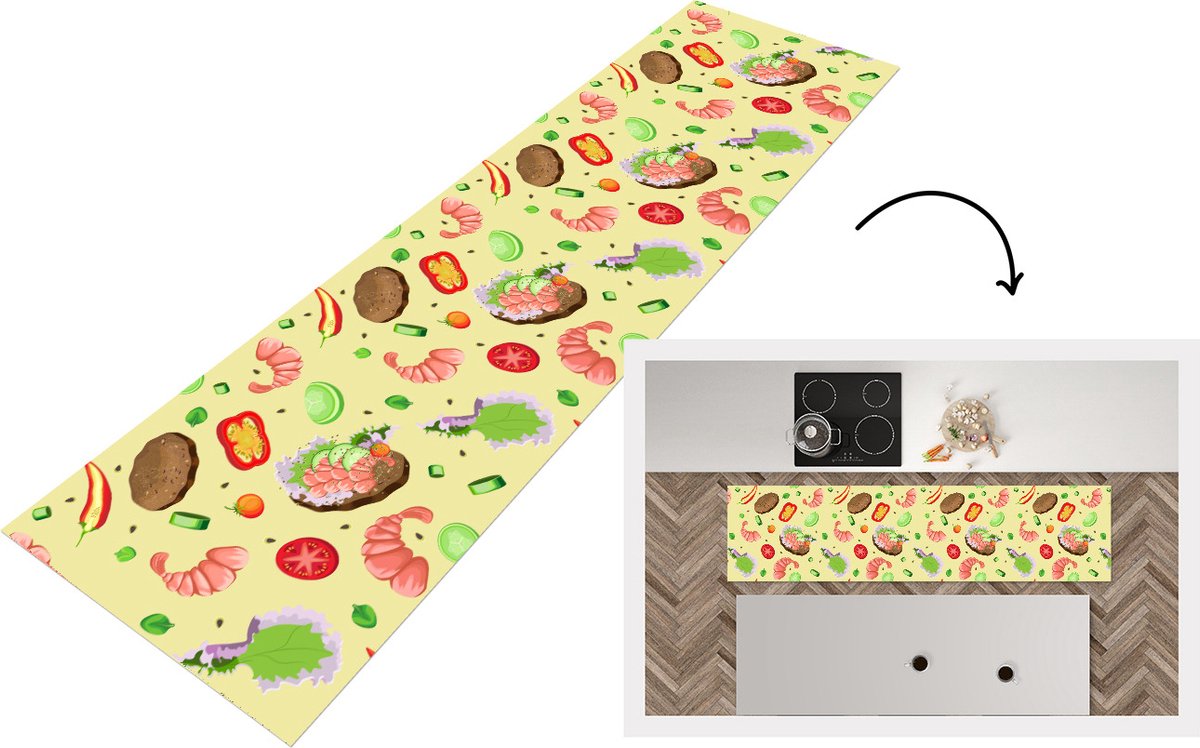 KitchenYeah Keukenloper - Loper keuken - Patroon - Eten - Groente - 200x50 cm - Keukenloper vinyl Multicolor