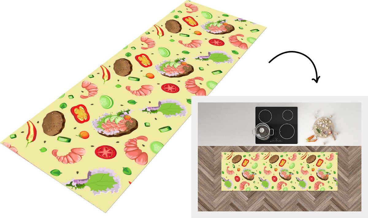 KitchenYeah Keukenloper - Loper keuken - Patroon - Eten - Groente - 180x60 cm - Keukenloper vinyl Multicolor