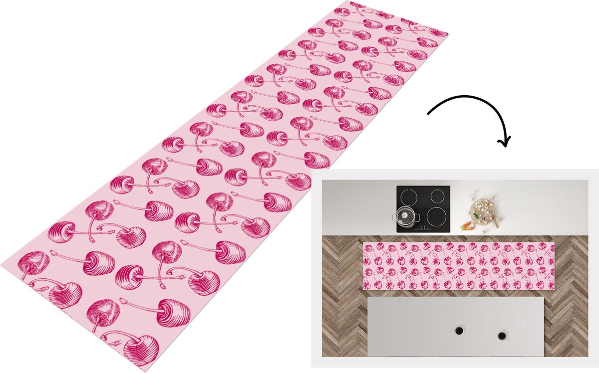 KitchenYeah Keukenloper - Loper keuken - Vintage - Kersen - Patronen - Roze - 240x60 cm - Keukenloper vinyl Multicolor