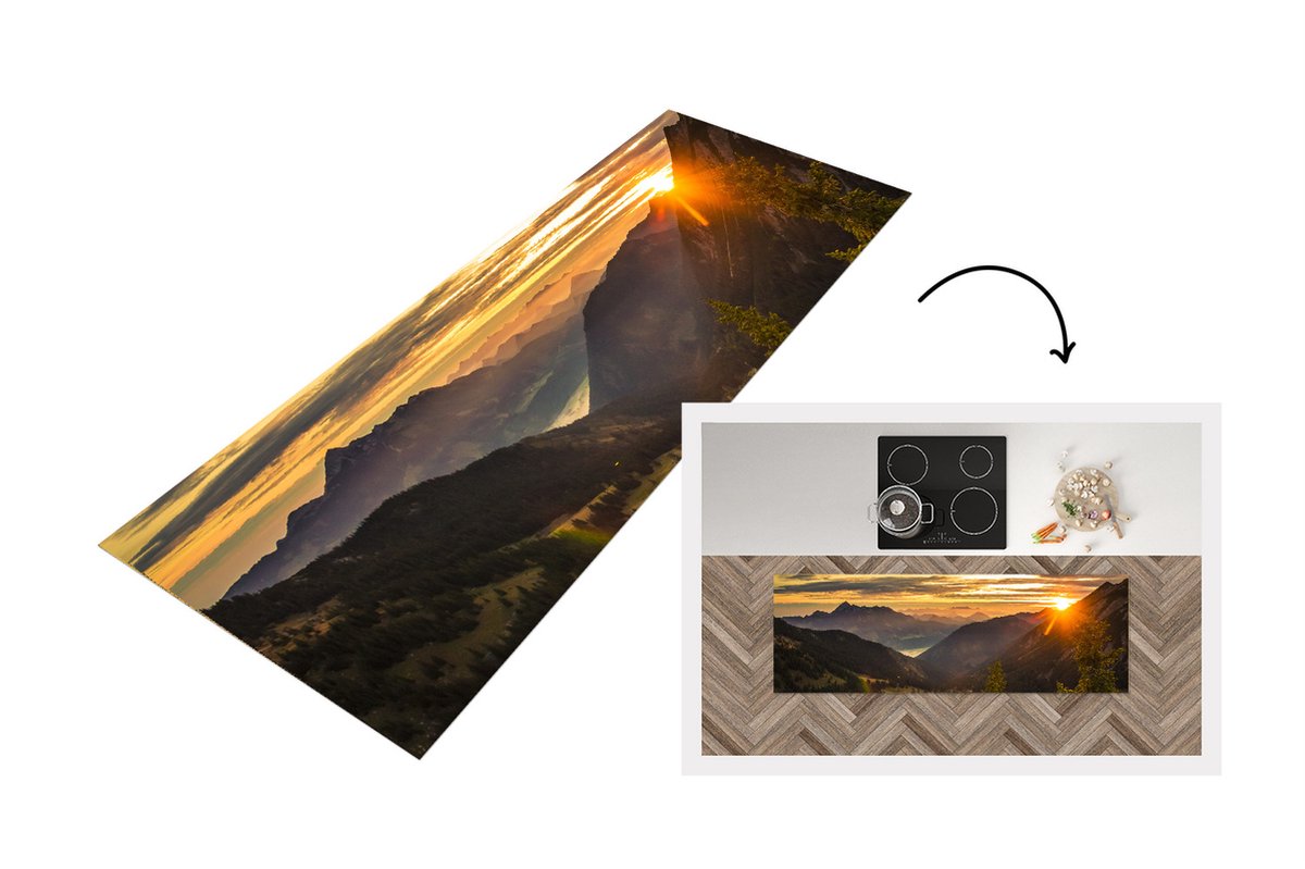KitchenYeah Keukenloper - Loper keuken - Alpen - Berg - Zon - 180x60 cm - Keukenloper vinyl Multicolor