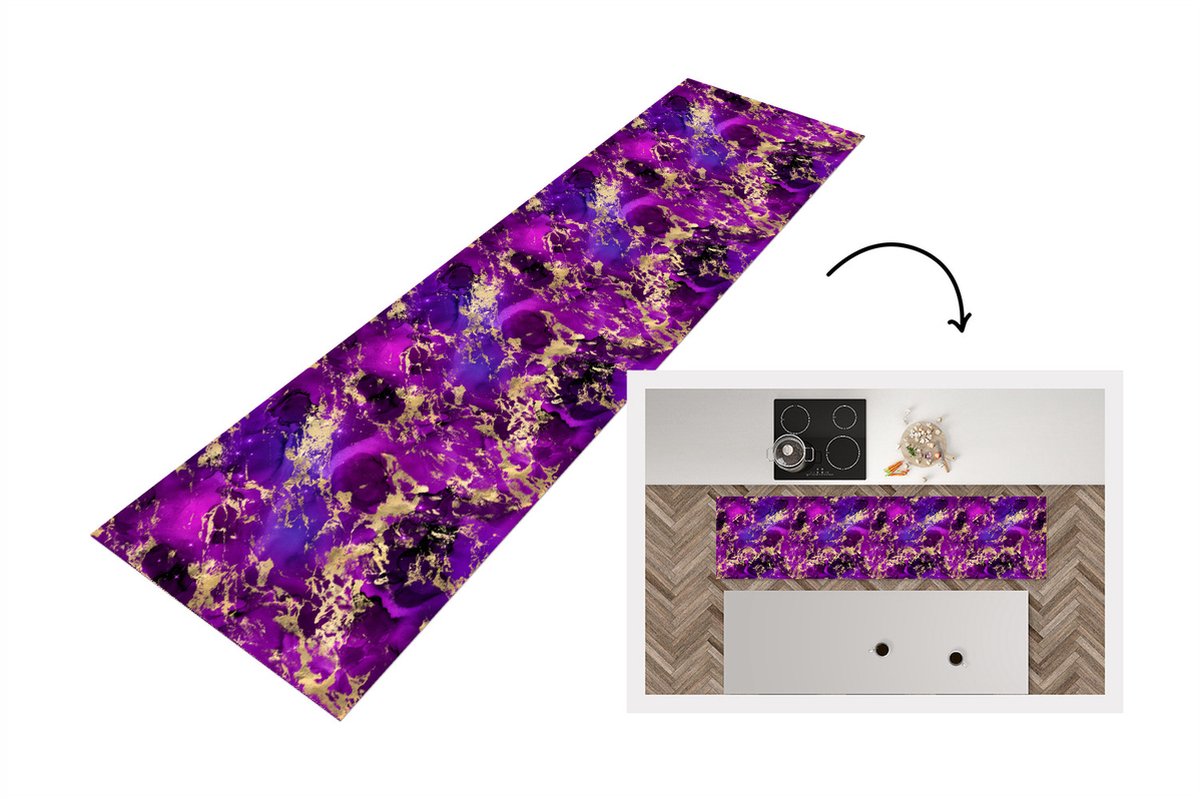 KitchenYeah Keukenloper - Loper keuken - Marmer - Goud - Paars - Patroon - 240x60 cm - Keukenloper vinyl Multicolor