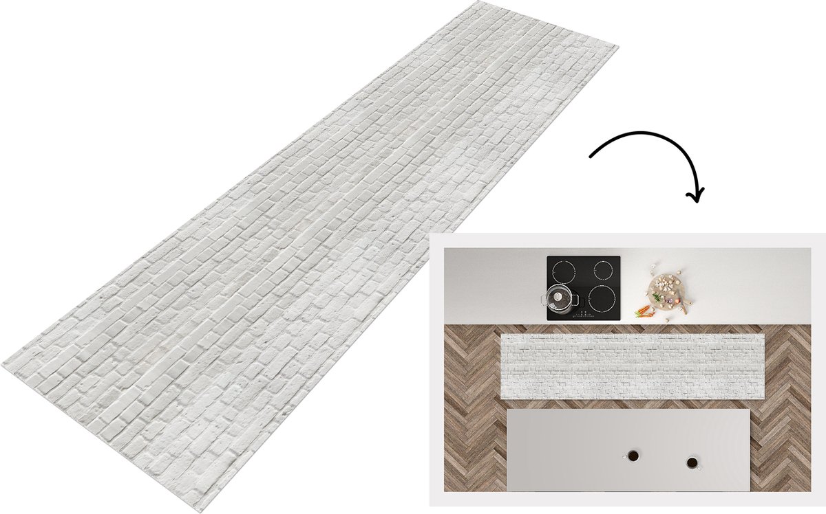 KitchenYeah Keukenloper - Loper keuken - Muur - Natuursteen - Wit - Patroon - 200x50 cm - Keukenloper vinyl Multicolor