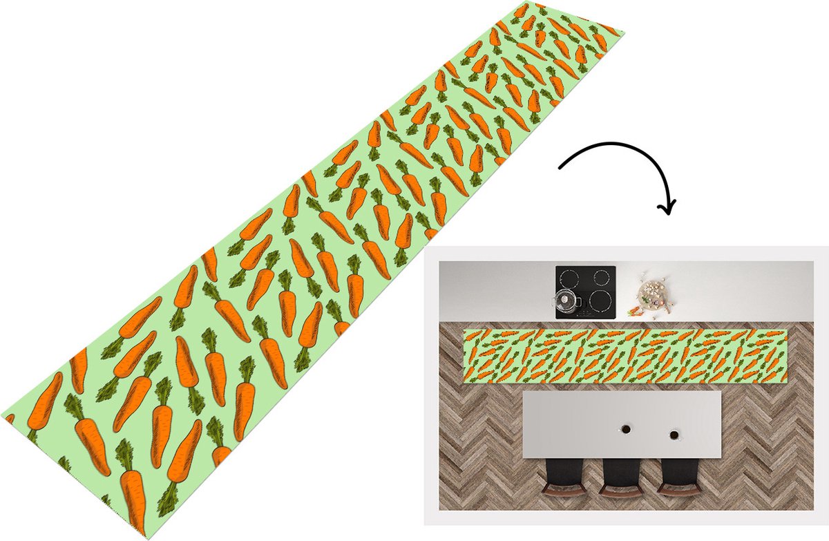 KitchenYeah Keukenloper - Loper keuken - Vintage - Wortel - Patronen - Groente - 300x50 cm - Keukenloper vinyl Multicolor