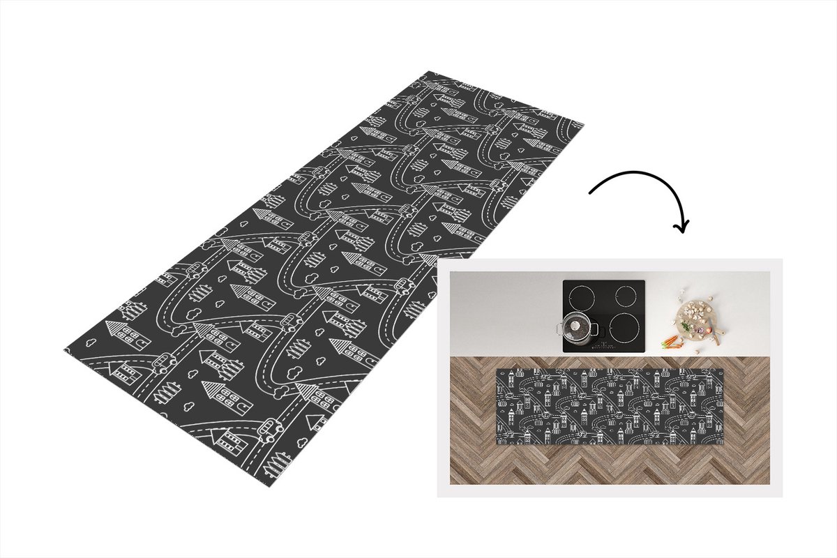 KitchenYeah Keukenloper - Loper keuken - Patronen - Huis - Auto - 180x60 cm - Keukenloper vinyl Multicolor
