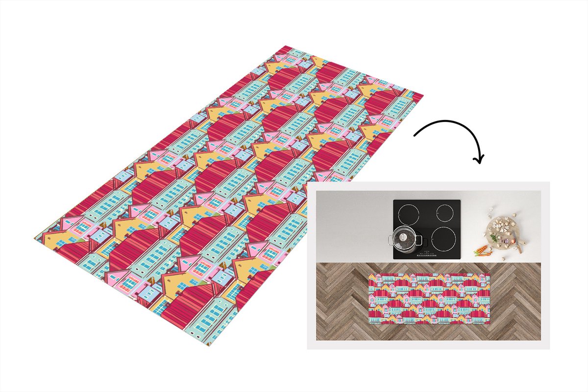 KitchenYeah Keukenloper - Loper keuken - Huizen - Zentangle - Patronen - 120x50 cm - Keukenloper vinyl Multicolor