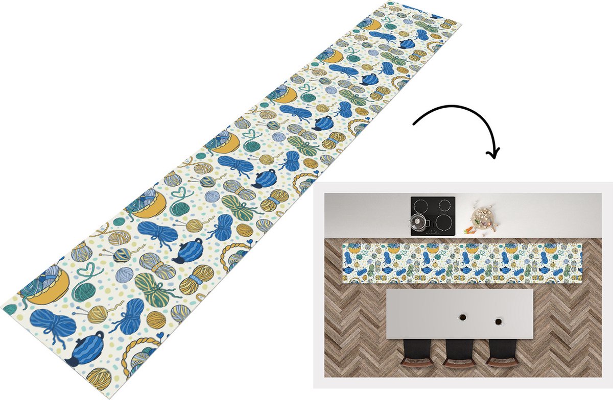 KitchenYeah Keukenloper - Loper keuken - Breien - Patronen - Wol - 300x50 cm - Keukenloper vinyl Multicolor