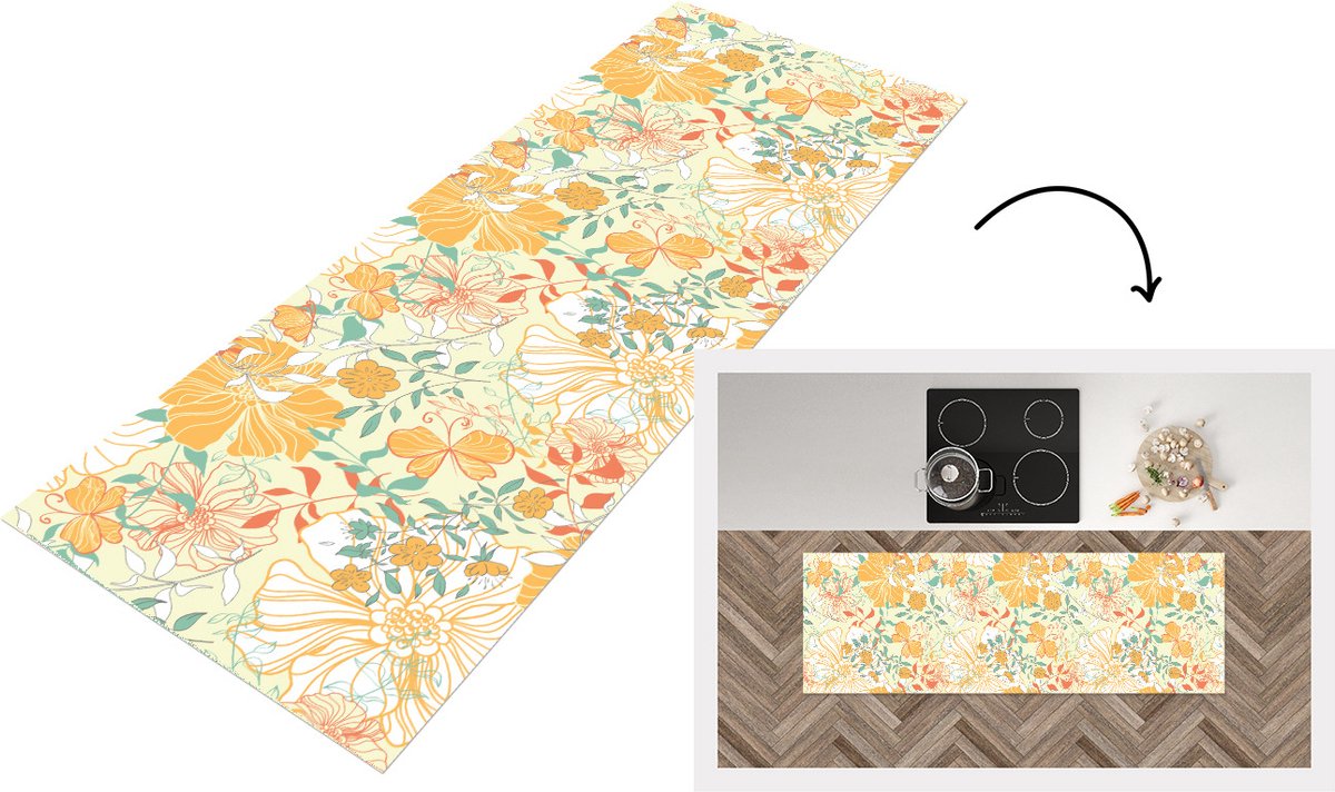 KitchenYeah Keukenloper - Loper keuken - Bloemen - Patronen - Vlinders - 150x50 cm - Keukenloper vinyl Multicolor