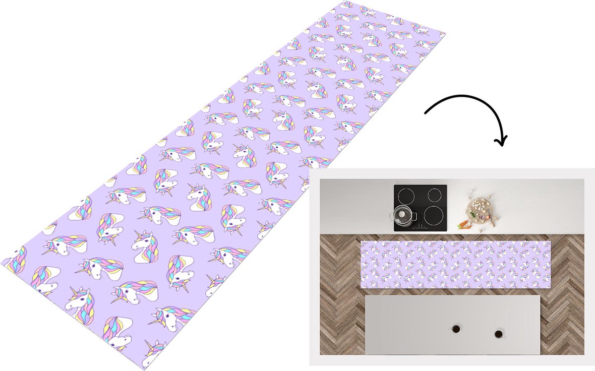 KitchenYeah Keukenloper - Loper keuken - Eenhoorn - Pastel - Patronen - 200x50 cm - Keukenloper vinyl Multicolor