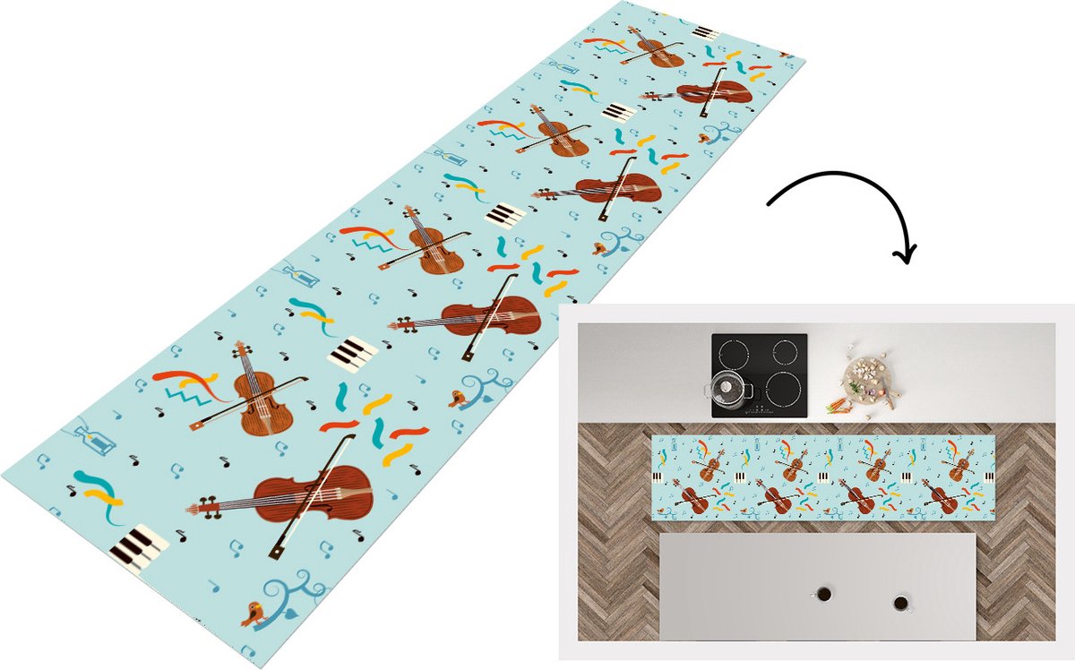 KitchenYeah Keukenloper - Loper keuken - Muziek - Cello - Noten - 240x60 cm - Keukenloper vinyl Multicolor