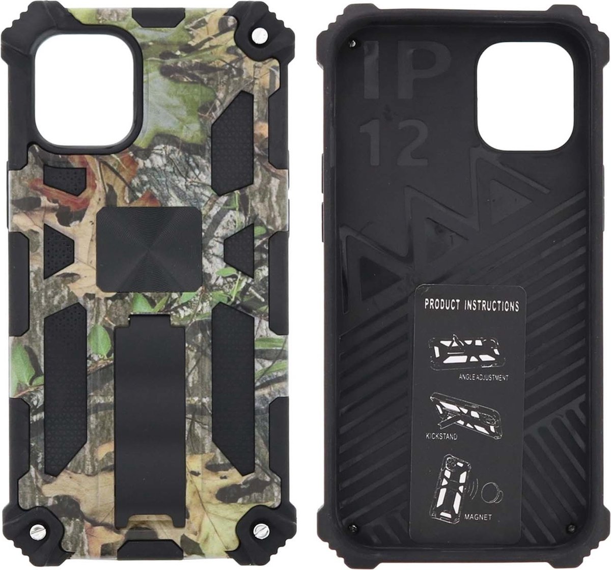 Hoesje Geschikt voor iPhone 12 Mini Hoesje - Rugged Extreme Backcover Blaadjes Camouflage met Kickstand - Groen