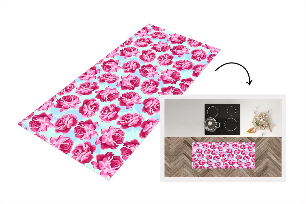 KitchenYeah Keukenloper - Loper keuken - Bloemen - Rozen - Patroon - 120x50 cm - Keukenloper vinyl Multicolor