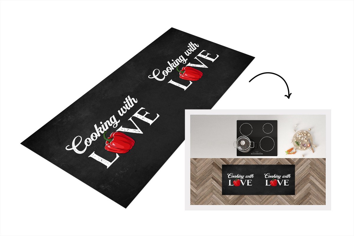 KitchenYeah Keukenloper - Loper keuken - Tekst - Koken - Keuken - Paprika - Cooking with love - Liefde voor koken - Spreuken - 120x50 cm - Keukenloper vinyl Multicolor