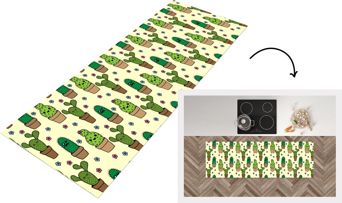 KitchenYeah Keukenloper - Loper keuken - Patronen - Cactus - Bloemen - 150x50 cm - Keukenloper vinyl Multicolor