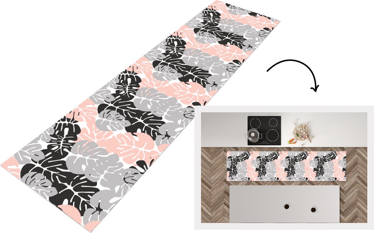 KitchenYeah Keukenloper - Loper keuken - Monstera - Pastel - Patronen - Bladeren - 200x50 cm - Keukenloper vinyl Multicolor