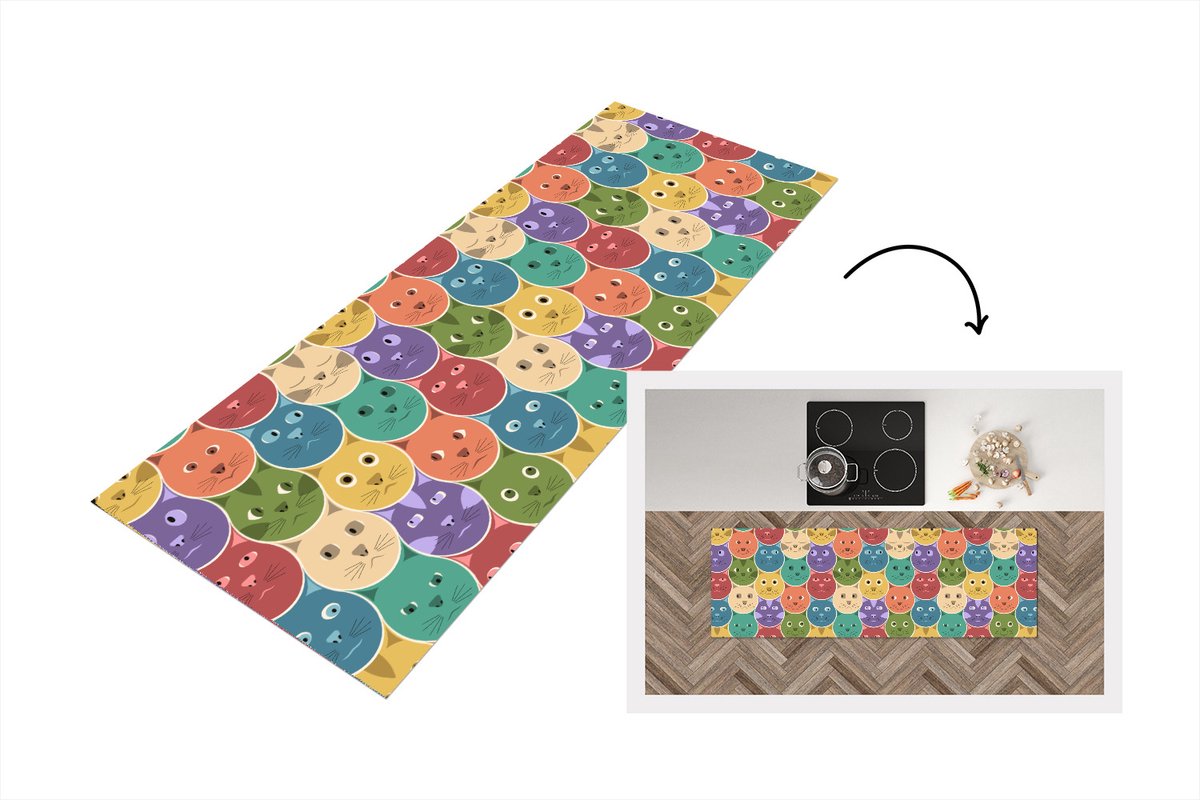 KitchenYeah Keukenloper - Loper keuken - Katten - Regenboog - Kind - Design - 180x60 cm - Keukenloper vinyl Multicolor