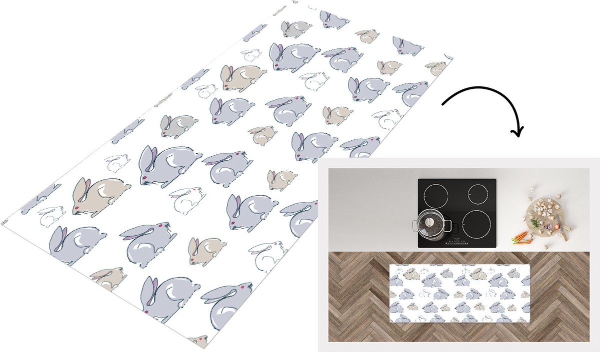 KitchenYeah Keukenloper - Loper keuken - Patroon - Konijn - Oor - 120x50 cm - Keukenloper vinyl Multicolor