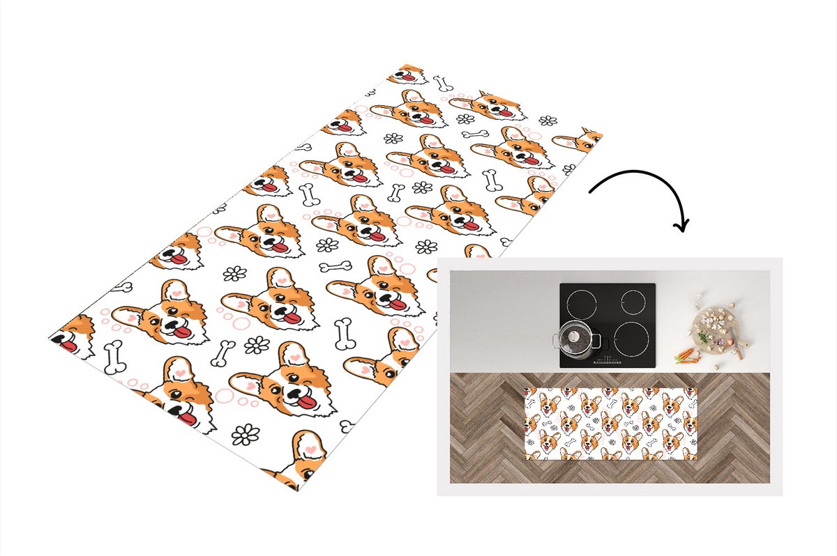 KitchenYeah Keukenloper - Loper keuken - Patronen - Hond - Corgi - 120x50 cm - Keukenloper vinyl Multicolor