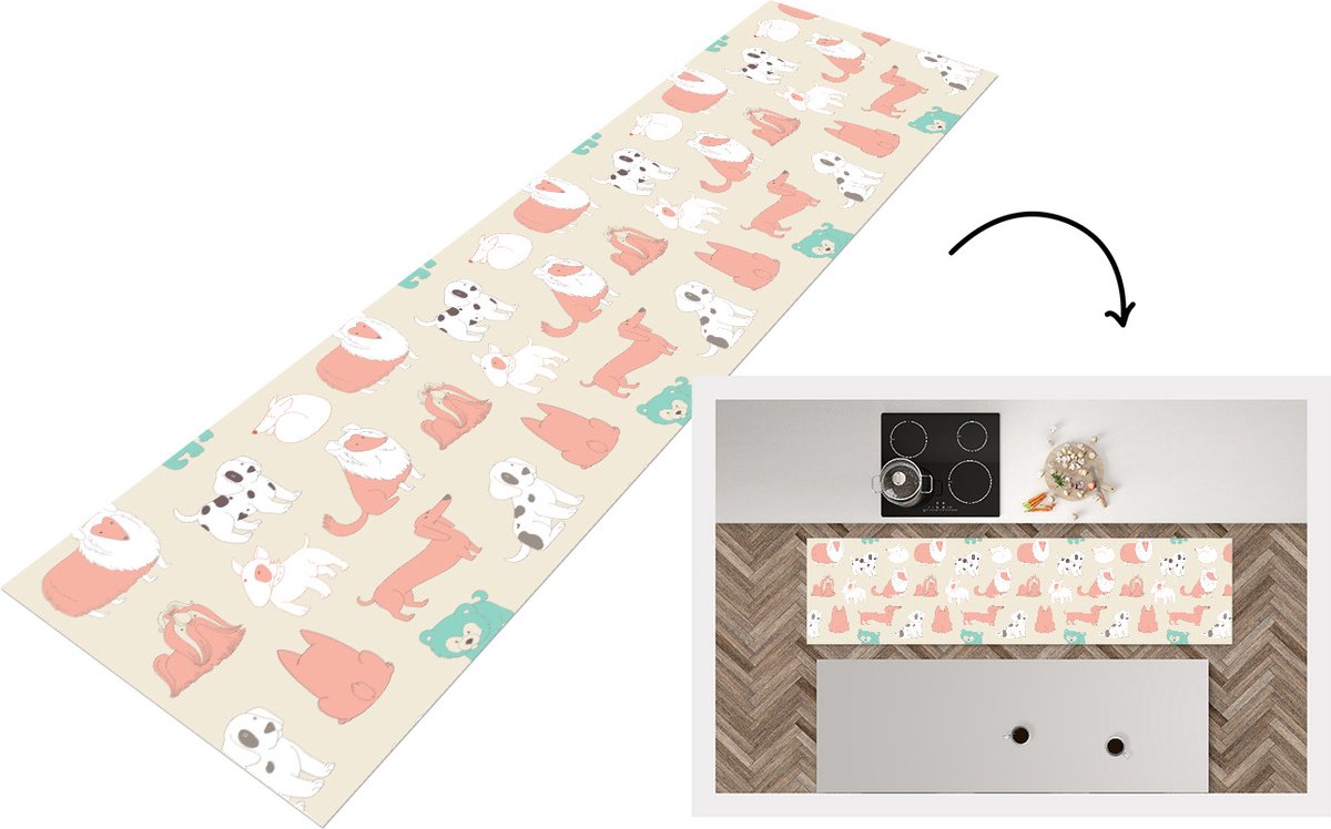 KitchenYeah Keukenloper - Loper keuken - Patroon - Hond - Puppy - 240x60 cm - Keukenloper vinyl Multicolor